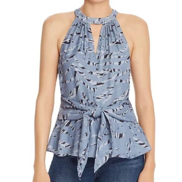 Parker Alice Top Women’s Small Blue Silk Sleeveless Tiger-Stripe Halter Blouse - Picture 1 of 5